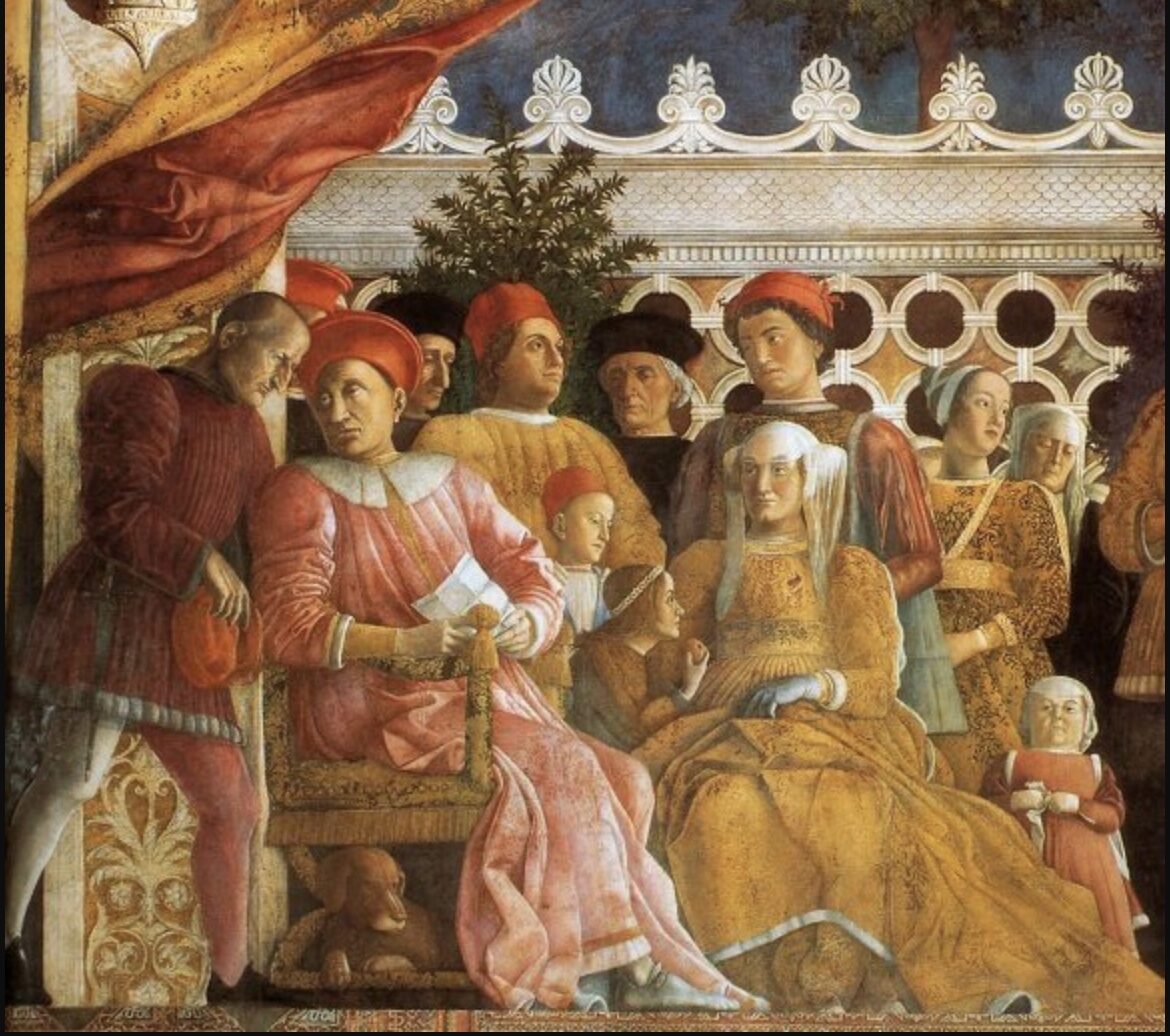 Camera degli Sposi, Mantua — Mantegna, 1465-1474. A Lagotto at Gonzaga's feet