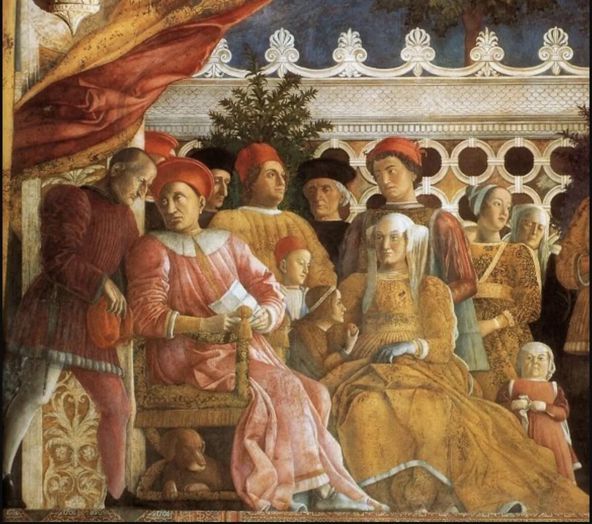 Camera degli Sposi, Mantua — Mantegna, 1465-1474. A Lagotto at Gonzaga's feet